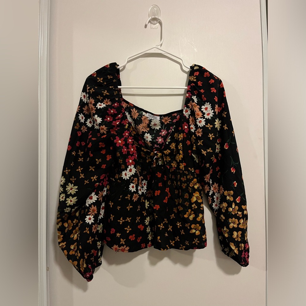 Patrons of Peace Crop Top Womens Medium Dark Florals‎ Boho Hippie Balloon Sleeve